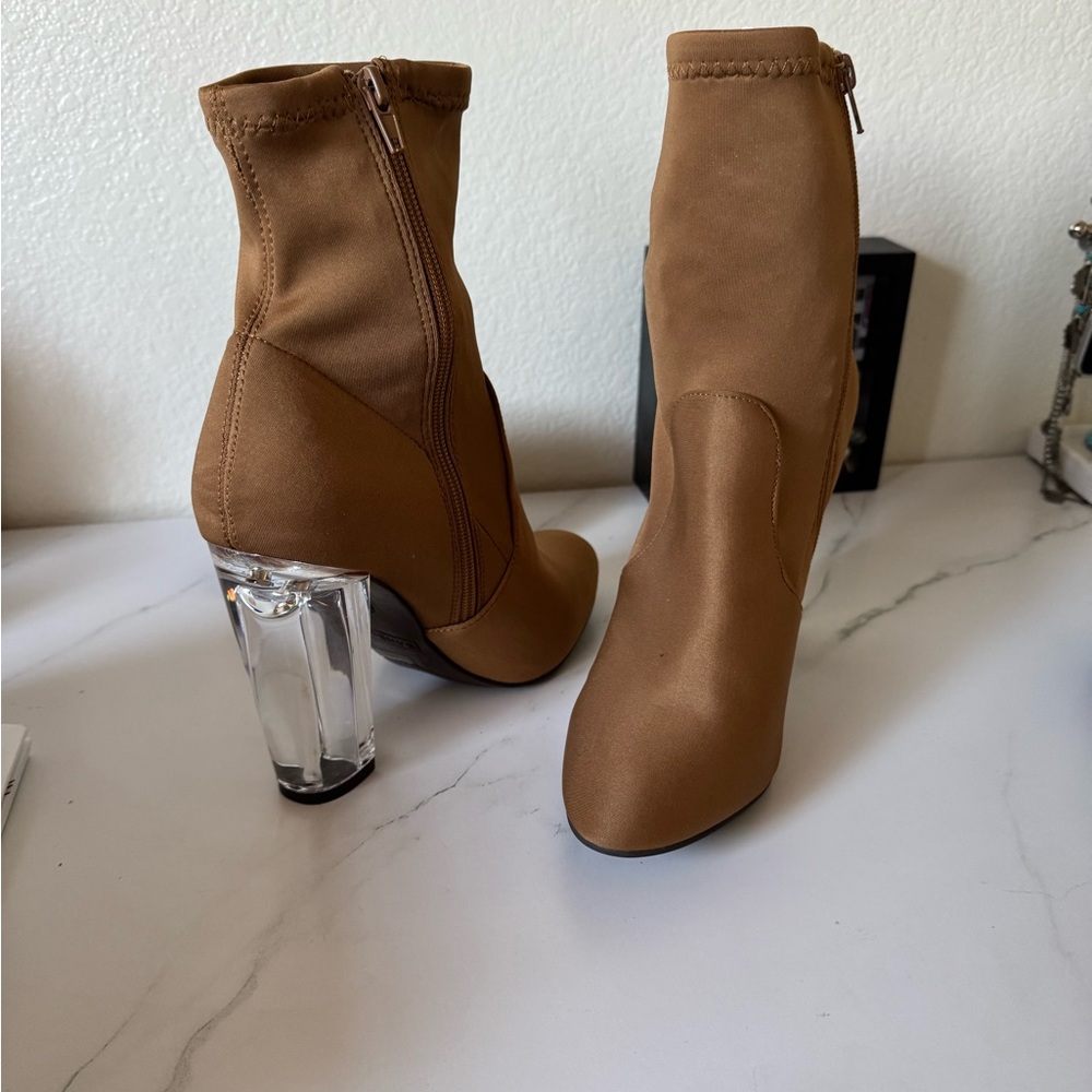 Brown Stretch Sock Booties with Clear Block Heel